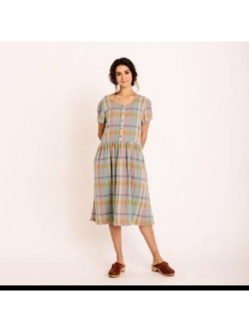 Wares Olli Ella Multicolor Pastel Plaid Short Sleeve Organic Cotton Midi dress